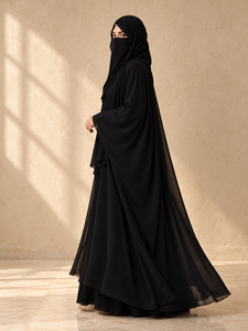Abaya Negra Recta Maxi de Chifón y Tela Nida con Hijab y Niqab a Juego, Tallas Grandes, Ropa Islámica Elegante y Modesta para Mujer, Manga Larga - Product Image 5