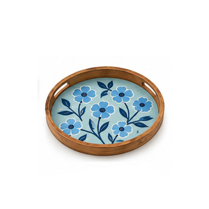 Round <b>Wooden</b> Serving <b>Tray</b> with Leaf Pattern Handles Decorative Modern Customized Design for Residential Use - Product Image 1