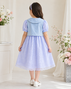 Robe élégante en dentelle bleue pour filles avec col Peter Pan et manches bouffantes |   Robe de fête de princesse de boutique - Product Image 5