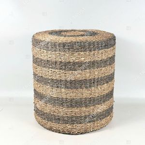 Handmade Striped Woven Seagrass Cylinder <b>Pouf</b> & Footstool-Rustic Modern Design for Living Room - Product Image 4