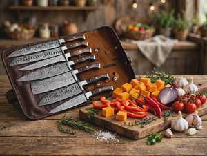Ensemble de couteaux de chef en acier Damas, 9 pièces, ensemble de couteaux de cuisine à manche en bois fait main, cadeau professionnel pour chef. Avec Leather Rap. - Product Image 6