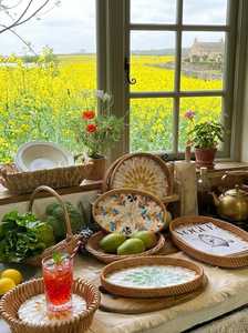 Plateau de rangement ovale en rotin avec motif floral peint de style bohème pour la cuisine, les fêtes et l'hôtellerie - Product Image 4