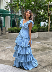 Dusty Blue Tiered Ruffle Maxi Dress Deep V Neck Tie Back <b>Boho</b> Gown Smocked Natural Waist Sleeveless Organic Cotton Eco-Friendly - Product Image 3