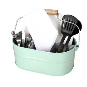 Organizador de utensilios de metal galvanizado verde menta estilo rústico, portátil, con 4 compartimentos para cubiertos y servilletas para la cocina. - Product Image 1