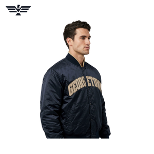 Blouson Bomber Unisexe Noir Brodé Lettres sur le Devant Col Montant Simple Boutonnage Style Universitaire Extérieur en Soie 100% Polyester Hiver - Product Image 2