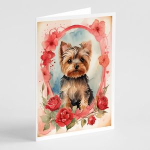 Yorkshire Terrier Valentine Roses Whimsical A7 Tamaño 5x7 Tarjetas de notas en blanco Paquete 8 Tarjetas de felicitación con sobres - Product Image 1