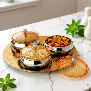 Tropical Metal <b>Serving</b> Set Round <b>Lidded</b> <b>Bowls</b> Polished Gold Finish <b>with</b> Arched Stand for Dry Fruits and Nuts <b>Serving</b> <b>Bowls</b> - Product Image 5
