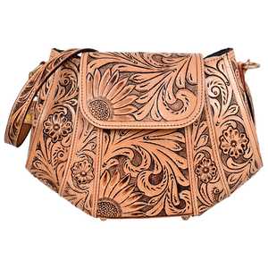 Boho <b>Women's</b> Luxury Hand <b>Bag</b> with Zip Closure Tooled Floral Design Vintage Sling <b>Bag</b> Cowhide Leather Ready to Stock - Product Image 3