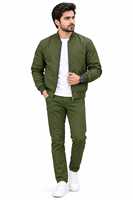 Blouson Bomber en Toile Vert Olive pour Homme, Décontracté, Zippé, Col Montant, Uni, Respirant, Hiver, Logo Frontal, Style Urbain