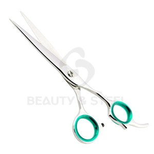 Professional Stainless Steel Hair Cutting Scissors with Teal Green Finger <b>Rings</b> and Ergonomic Offset Handle Grip - Product Image 3