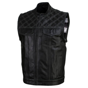 Gilet moto en cuir véritable pour homme, col montant, empiècements matelassés, poches, couleur unie, veste en cuir à prix avantageux - Product Image 6