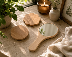 Ensemble de miroirs de maquillage portatifs en bois faits à la main, miroirs de vanité ronds décoratifs en bois naturel, miroir de coiffeuse en bois, décoration d'intérieur, cadeau - Product Image 1
