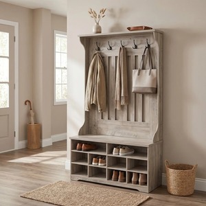 Banc de rangement rustique en bois pour entrée avec crochets et compartiments à chaussures pour l'organisation du portemanteau - Product Image 5