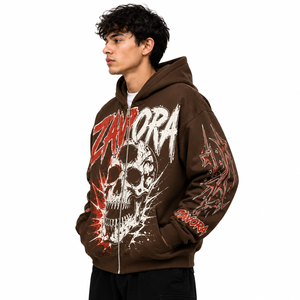 <b>Top</b> Quality Brown <b>Skull</b> Graphic Men Hoodies Custom Print Full Zip Oversized Cotton Fleece Streetwear Factory Direct Manufacturer - Product Image 2