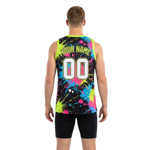 Ensemble short et maillot de basket pour homme 100 % polyester, imprimé éclaboussures de peinture, sans manches, col en V, uniforme d'équipe, taille élastique, bas ajustés - Product Image 2