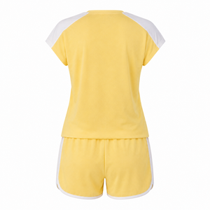 Conjunto de Dos Piezas Amarillo para Mujer con Logotipo Personalizado, Top de Cuello Redondo y Pantalones Cortos, Ropa Deportiva Informal Transpirable para Verano WS-0500 A1.8 - Product Image 1