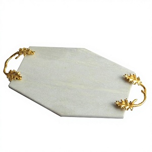 Plateau décoratif avec poignée en feuille dorée, plateau en marbre - Product Image 1