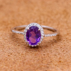 Wholesale 925 Solid Sterling Silver Natural Oval Amethyst <b>Cubic</b> <b>Zirconia</b> Halo <b>Ring</b> Fine Jewelry Memoria Jewels - Product Image 1