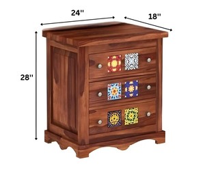 Commode à 3 tiroirs en bois massif avec incrustation de carreaux de céramique |   Table de chevet traditionnelle |   Meubles de maison en gros - Product Image 6