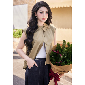 Blusa sin Mangas para Mujer, Diseño ODM OEM, Color Caqui, Pliegues en la Espalda, Cuello con Botones, Estilo Casual para Otoño e Invierno, Marca ELLERY - Product Image 5