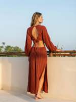 Robe longue bohème en gaze de coton 100% écologique, tissée, teinte par immersion, pour femme, col en V, sans manches, couleur unie, coupe ample, avec fente, ourlet évasé, idéale pour la plage