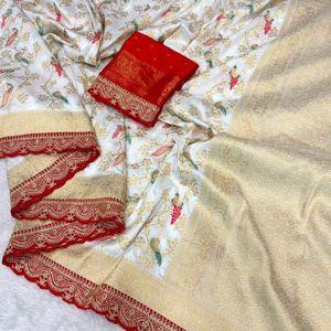 Sari de Diseño Blanco de Georgette Khaddi Puro Premium con Borde Festoneado Intrincado, Precio al por Mayor por Royal Export - Product Image 4