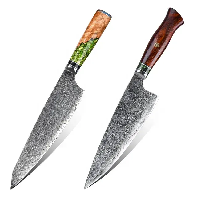 Pisau dapur buatan tangan kustom dengan pisau baja Damaskus kayu Solid plus pegangan kayu Resin tersedia di grosir