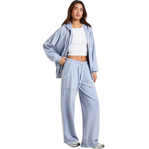 Conjunto de chándal de dos piezas para mujer con sudadera corta con cremallera, chaqueta holgada, pantalones de pierna ancha con cintura elástica, estilo casual, para descansar, al por mayor B - Product Image 1