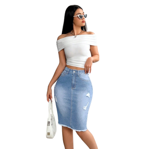 Women's Light Blue <b>Stretch</b> <b>Denim</b> Pencil Skirt High Waist Bodycon Knee Length Casual Regular Fit Vintage Distressed Breathable - Product Image 1