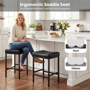 Ensemble de 2 tabourets de bar modernes noirs sans dossier avec siège ergonomique en forme de selle, coussin épais de 3,5 pouces, repose-pieds intégrés, structure en acier - Product Image 2