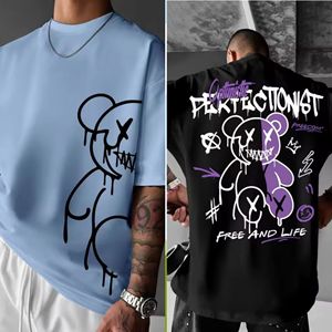 Camiseta de hombre de manga corta informal con estampado urbano, de punto, holgada, con hombros caídos, anti-bolitas, talla grande, con logo personalizado - Product Image 3