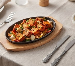 Plato ovalado de hierro fundido con base de madera y asas desmontables para presentación de comidas gourmet en hoteles y catering. - Product Image 3