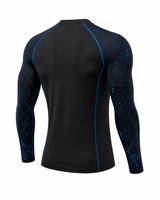 Chemise de sport respirante à séchage rapide pour homme, manches longues, col rond, anti-UV, en spandex, écologique, imprimé noir et bleu, effet éclaboussures