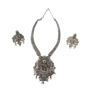 Antique Gold Plated Bridal Jewelry Set-Oxidised Silver Matte Finish Temple Necklace & Earrings - Product Image 2