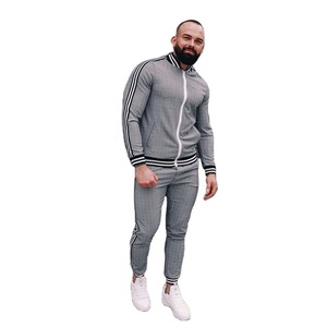 New Trendy Men's Check Print Sublimated Bomber <b>Jacket</b> Track Suit Zip Enclosure Ribbed Hem & Cuffs Side Stripe Zipper Sweat Suit - Product Image 1