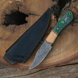 Cuchillo de Caza y Camping Multifuncional de Acero Damasco con Alto Contenido de Carbono, Hoja Recta, Espiga Completa y Mango de Madera Pakka - Product Image 3