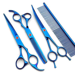 7.0inch Blue Pet Beauty Scissors Set 4-Pack <b>Straight</b> Cut Curved Suit Dogs Free Fish Bone Dense Teeth <b>Comb</b> Box - Product Image 1
