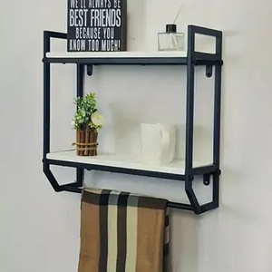 Étagère murale de salle de bain à double niveau en métal et bois avec barre porte-serviettes - Product Image 3