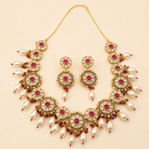 22K Gold Plated Vintage Traditional Indian Bridal Jewelry Set with <b>Ruby</b> and Pearl <b>Necklace</b> - Product Image 2