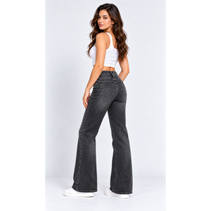 Jeans de mujer de cintura alta con corte de bota y presilla central con diseño de horquilla, color negro lavado - Venta al por mayor - Product Image 2