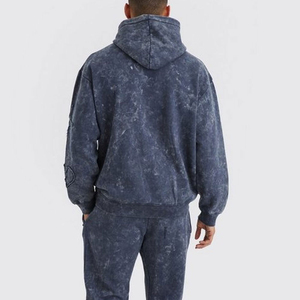 Men Heavyweight 100% Cotton Acid Wash Fleece Tracksuit Hooded Sweatshirt Full Length Jogger Pants Casual Streetwear Winter Set - Product Image 3