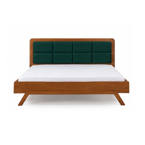 Teak <b>Wood</b> <b>Platform</b> <b>Bed</b> with Deep Green Padded Headboard and Angled Legs for Contemporary Bedroom Interiors - Product Image 2