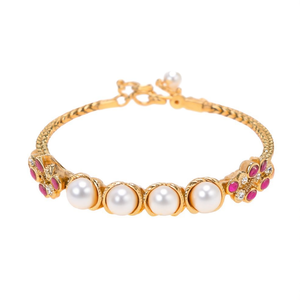 Classic Stainless Steel Adjustable Kada Cuff Bangle with Pearl Accent - Product Image 2
