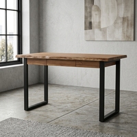 Bureau d'écriture moderne avec plateau en teck massif à bord naturel, 1 tiroir et pieds en métal pour appartement, salon et hôtel