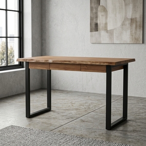 Escritorio Moderno con Superficie de Teca Sólida, Mesa Consola con Borde Natural, 1 Cajón y Patas Metálicas para Apartamento - Product Image 3