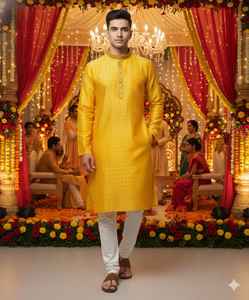 Tenue Traditionnelle Ethnique pour Hommes, Kurta Pyjama en Soie Jacquard avec Broderie Lourde, Coton Raymond, Coupe Ample, Infroissable, pour Mariage et Diwali - Product Image 2