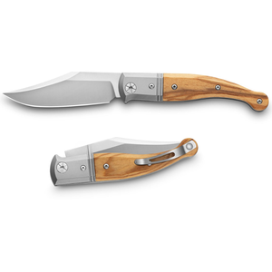 Couteaux pliants marron clair argentés avec lame courbée, manche en bois naturel, embout métallique et clip de poche pour usage extérieur - Product Image 2