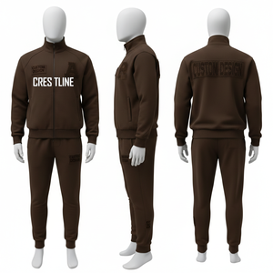 Ensemble de survêtement marron pour homme, manches longues, fermeture éclair sur le devant, logo personnalisé en relief, poches latérales, tenue décontractée d'automne - Product Image 1