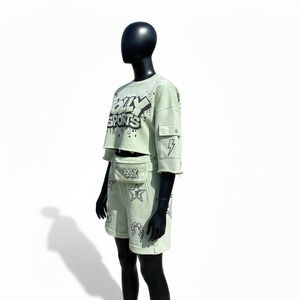 Ensemble court en coton GSM French Terry pour femme, vert pastel, imprimé graphique, logo personnalisé, 100% coton, haut court et short - Product Image 4