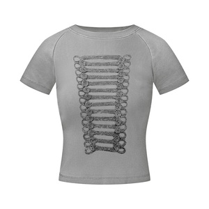 Women's Black Crop Top <b>Y2K</b> Style O-Neck Full Sleeve Printed T-<b>Shirt</b> Regular Fit Eco-Friendly Quick Dry Polyester/Cotton Spring - Product Image 3